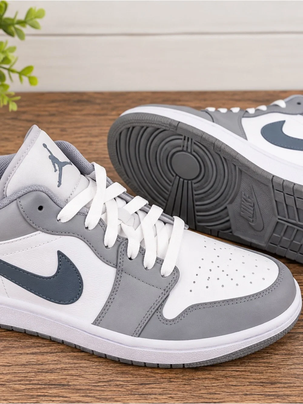 Jordan Men’s Low-Top Sneakers - White & Gray with Dark Blue Swoosh